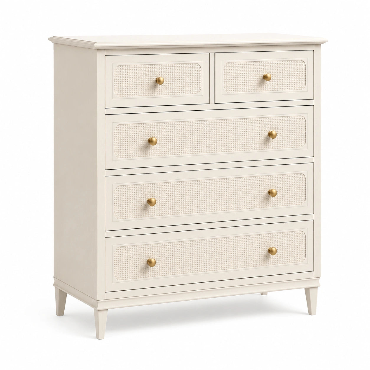 Commode haute à 5 tiroirs en bois blanc cassé avec façades en cannage, 90 x 40 x 110 cm