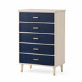 Commode haute à 5 tiroirs en panneaux de bois, bleu marine, crème et doré, 80 x 40 x 120 cm