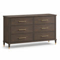 Commode à 6 tiroirs, 150 x 45 x 90 cm, brun foncé effet bois avec détails dorés