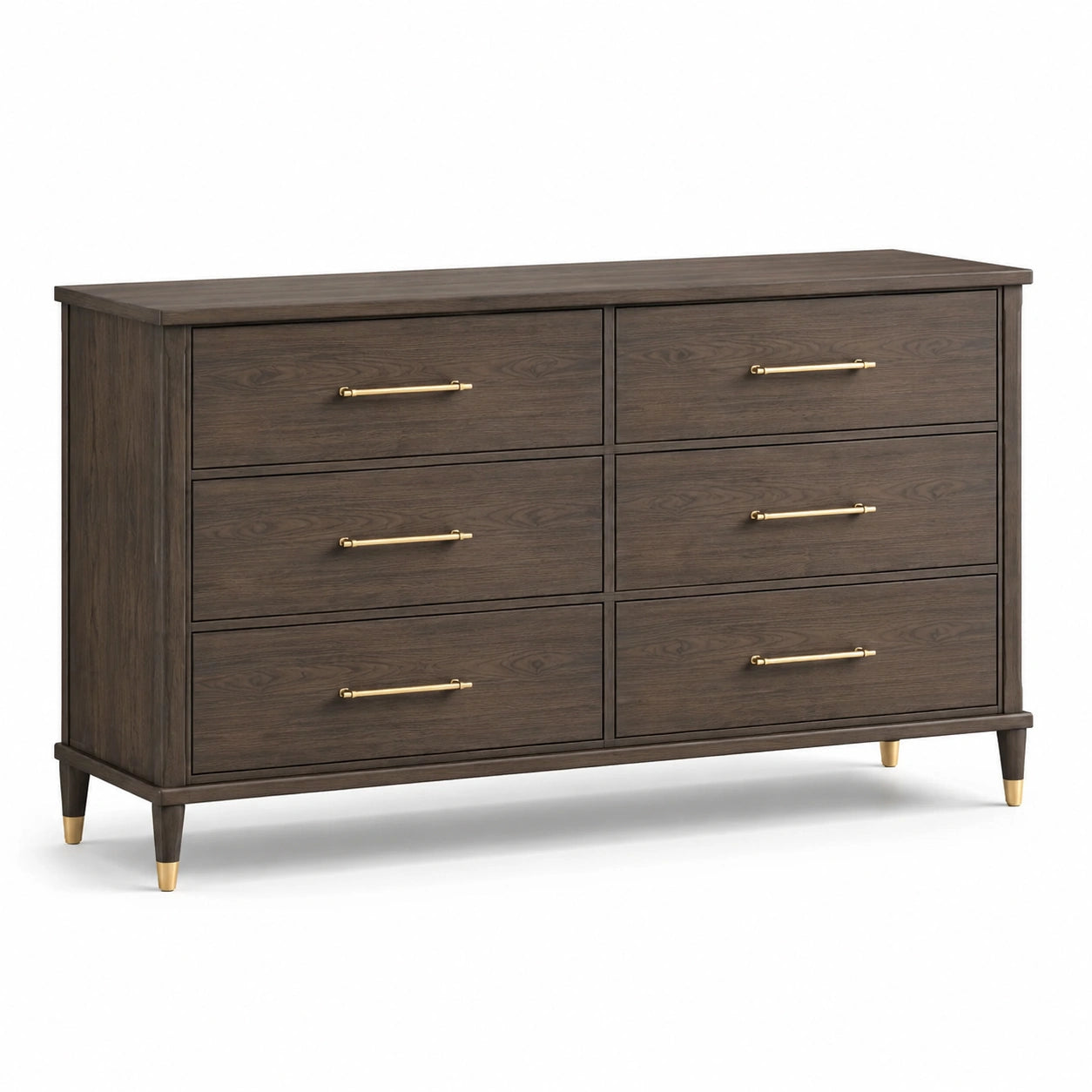 Commode à 6 tiroirs, 150 x 45 x 90 cm, brun foncé effet bois avec détails dorés
