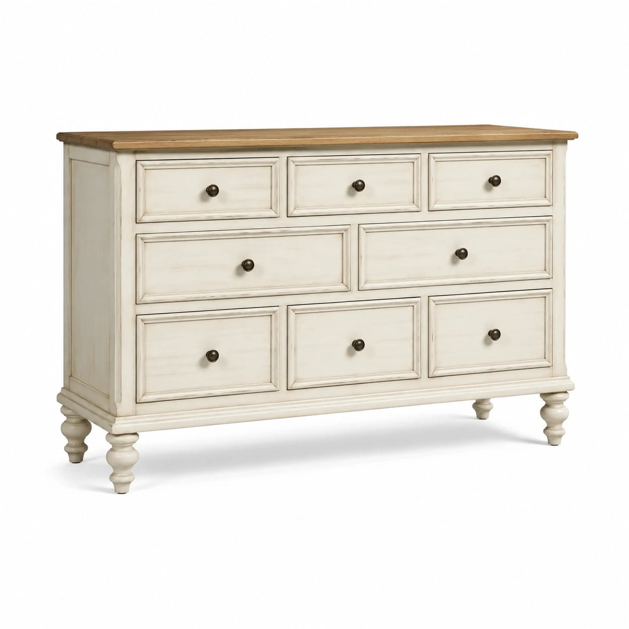 Commode en bois à 8 tiroirs, blanc cassé et marron, style campagne, 150 x 45 x 90 cm