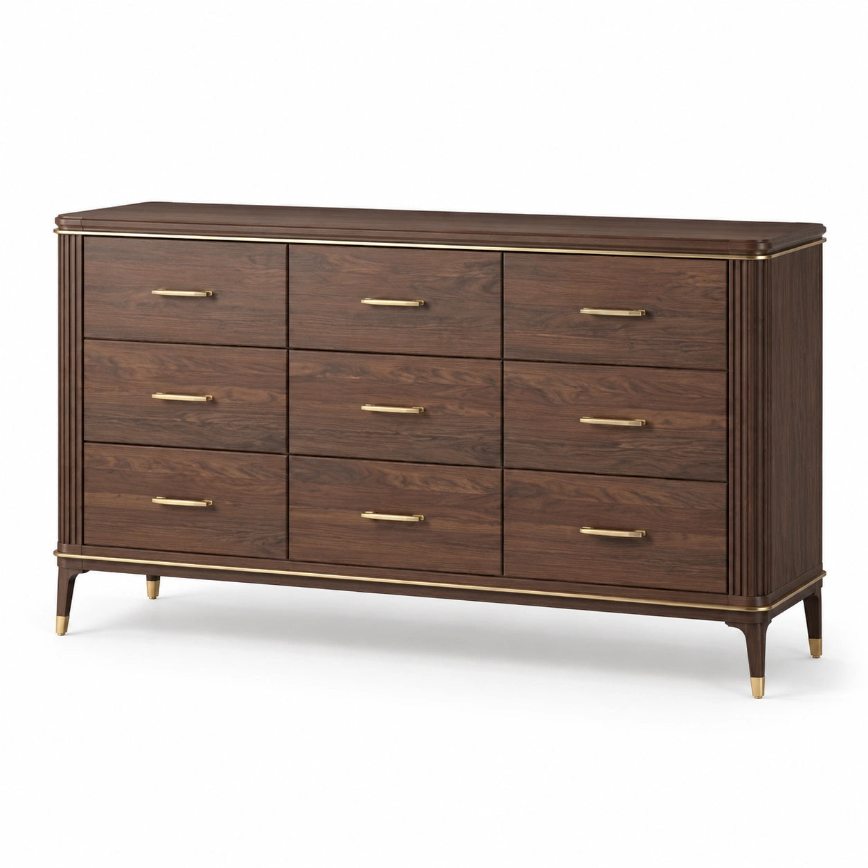 Commode à 9 tiroirs en bois finition noyer et métal doré, 180 x 45 x 90 cm