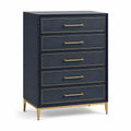 Commode contemporaine à 5 tiroirs bleu marine et métal doré, 80 x 42 x 120 cm