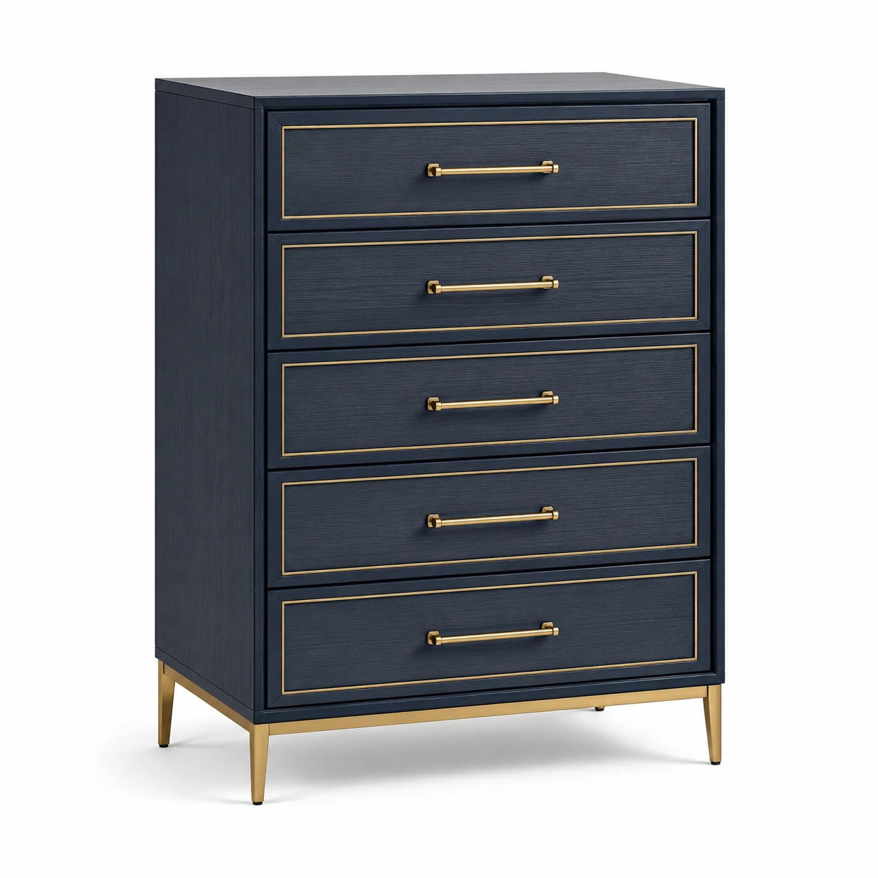 Commode contemporaine à 5 tiroirs bleu marine et métal doré, 80 x 42 x 120 cm
