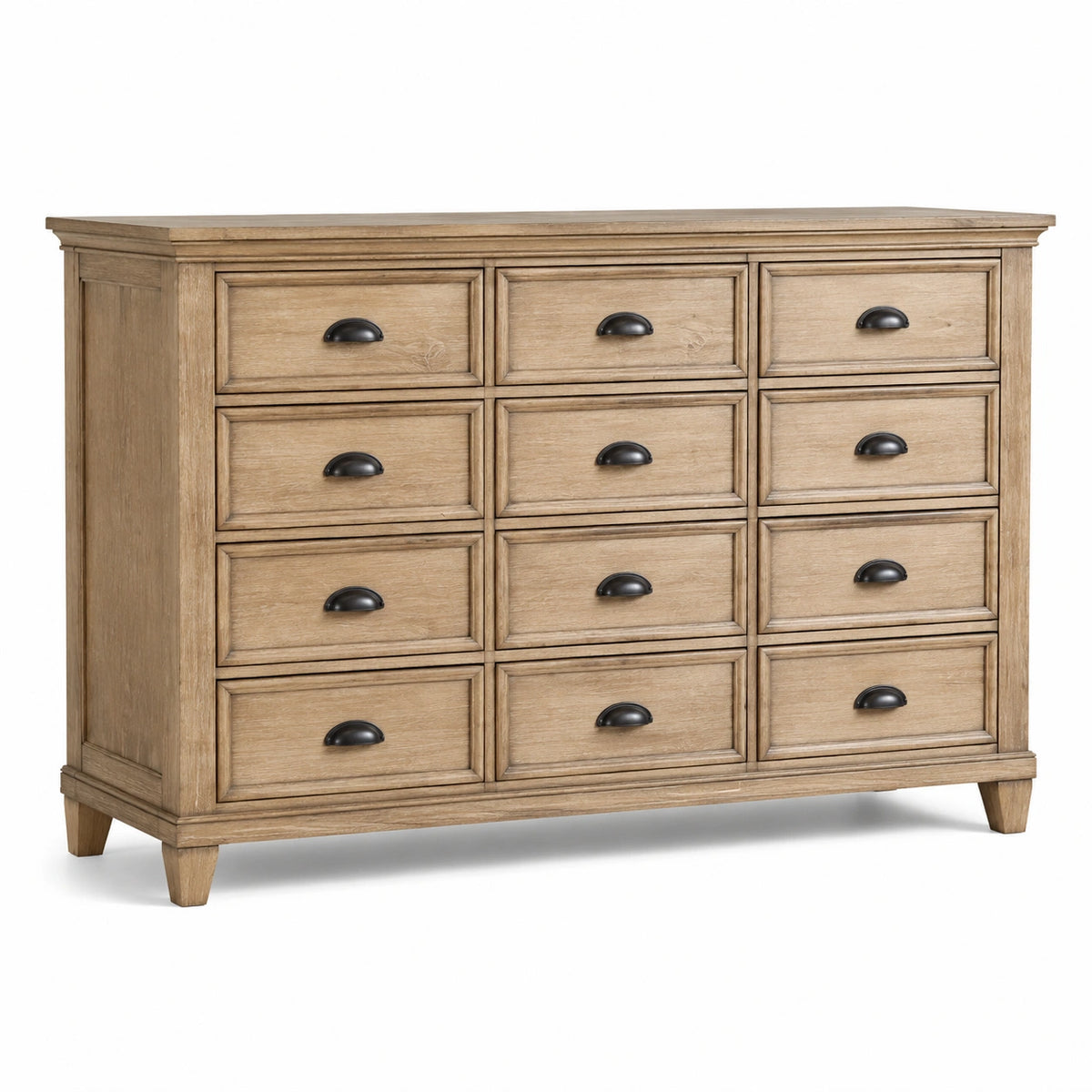Commode à 12 tiroirs en bois naturel avec poignées coquille noires, 150 x 45 x 100 cm