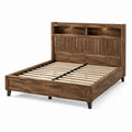 Lit double en bois marron, noir et naturel avec tête de lit à niches et sommier à lattes, pour matelas 160 x 200 cm, dimensions 218 x 169 x 120 cm