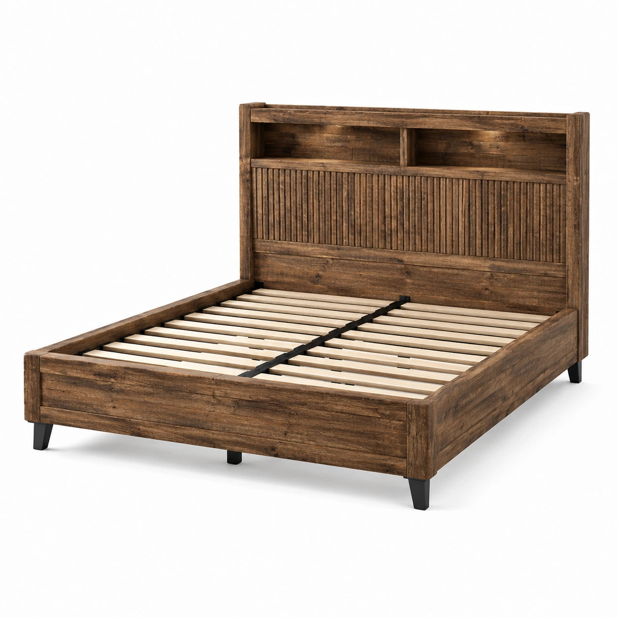 Lit double en bois marron, noir et naturel avec tête de lit à niches et sommier à lattes, pour matelas 160 x 200 cm, dimensions 218 x 169 x 120 cm