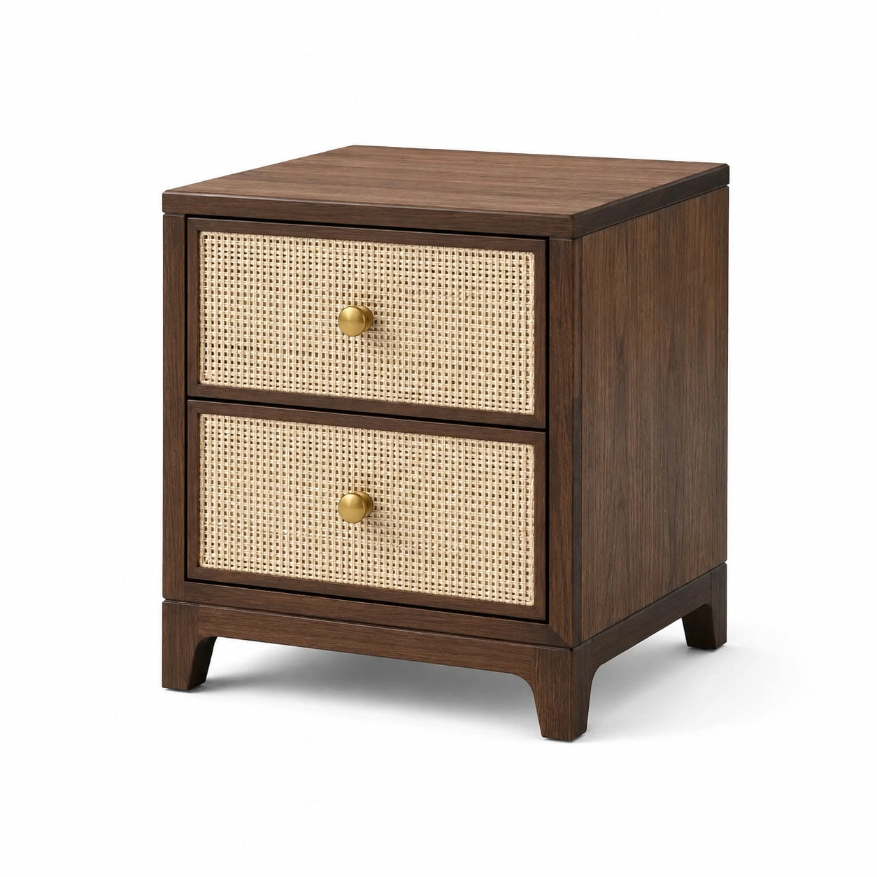 Table de chevet en bois brun avec cannage beige, 2 tiroirs, 45 x 40 x 60 cm